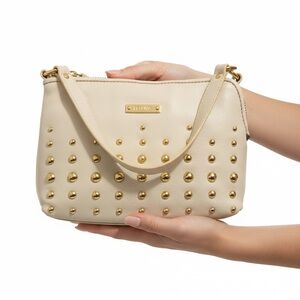 Ferlina Beige Studded Shoulder Bag Gold Hardware Adjustable Strap